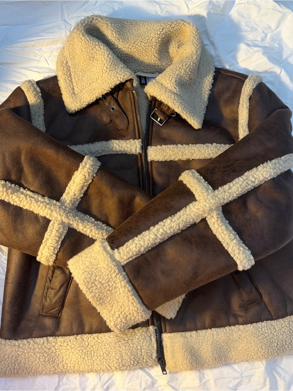 Women's Brown Shearling-Trim Aviator Jacket - Picture 7 of 14